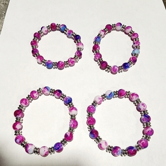 handmade Stretch Bracelet with Pink, Blue, Purple and White Set of 4 pc - Picture 4 of 8